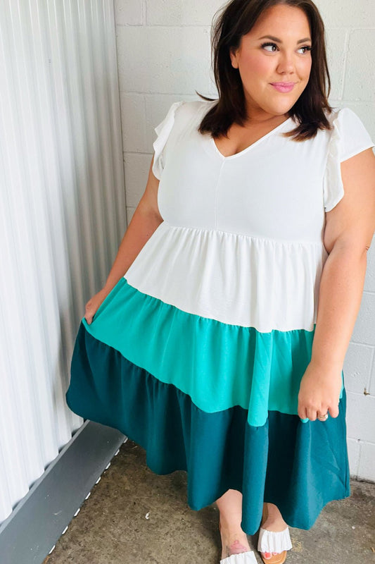 Seafoam & Emerald Tiered Frill Sleeve Midi Dress - Bitsy Gypsy Boutique