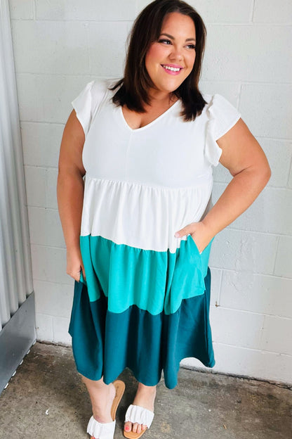 Seafoam & Emerald Tiered Frill Sleeve Midi Dress - Bitsy Gypsy Boutique