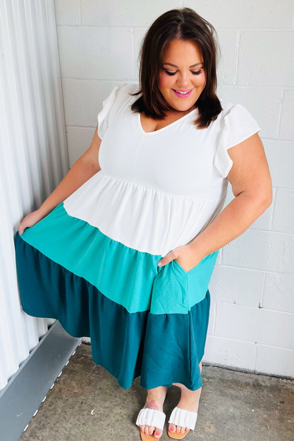 Seafoam & Emerald Tiered Frill Sleeve Midi Dress - Bitsy Gypsy Boutique