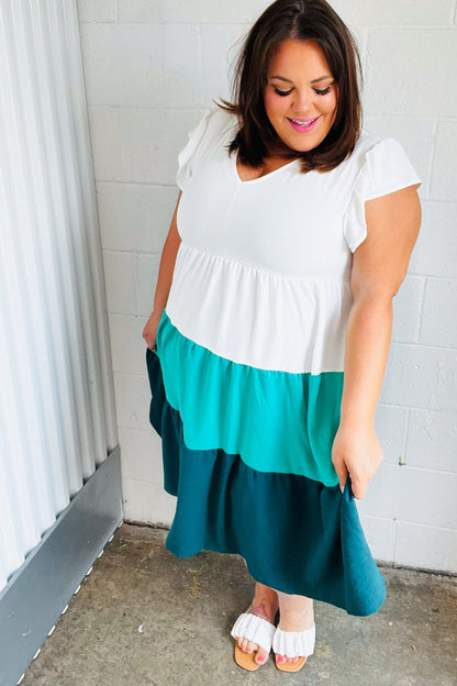 Seafoam & Emerald Tiered Frill Sleeve Midi Dress - Bitsy Gypsy Boutique