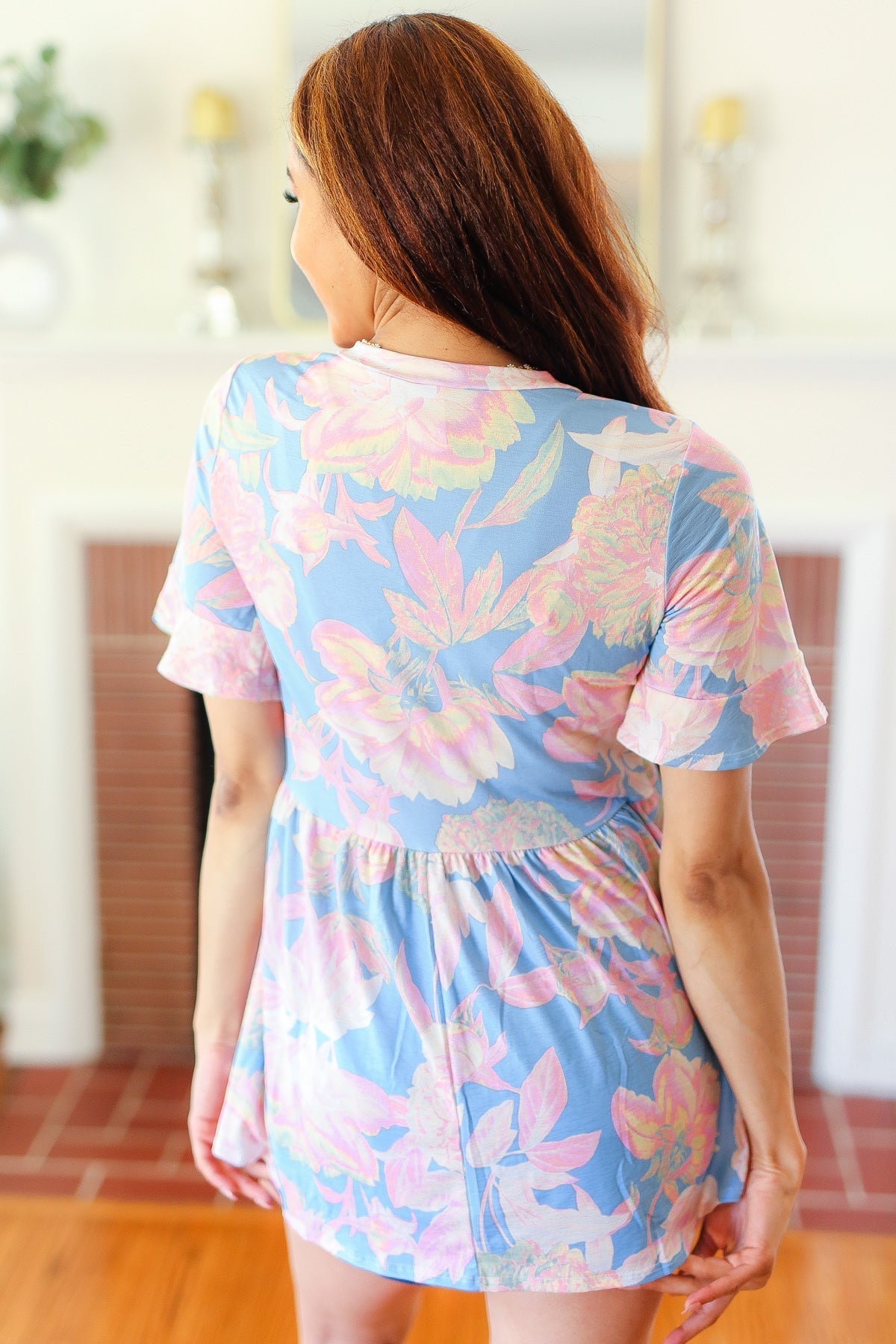 Seize The Day Blue & Pink Babydoll Ruffle Sleeve Top - Bitsy Gypsy Boutique