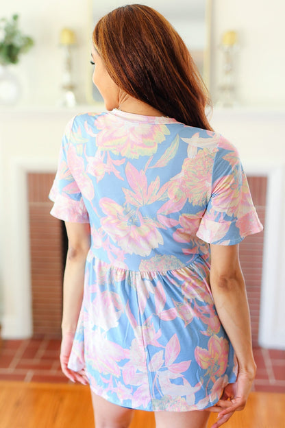Seize The Day Blue & Pink Babydoll Ruffle Sleeve Top - Bitsy Gypsy Boutique