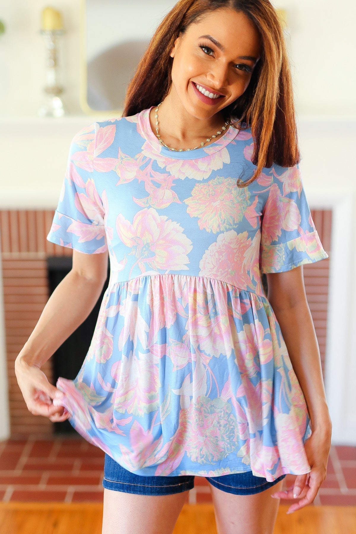 Seize The Day Blue & Pink Babydoll Ruffle Sleeve Top - Bitsy Gypsy Boutique