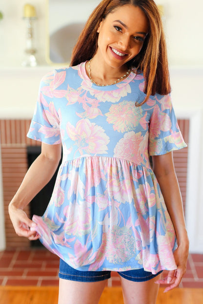 Seize The Day Blue & Pink Babydoll Ruffle Sleeve Top - Bitsy Gypsy Boutique