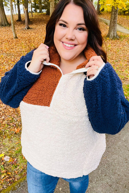 Seize The Day Navy & Taupe Quarter Zip Sherpa Pullover - Bitsy Gypsy Boutique