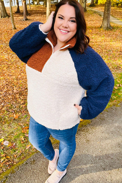 Seize The Day Navy & Taupe Quarter Zip Sherpa Pullover - Bitsy Gypsy Boutique