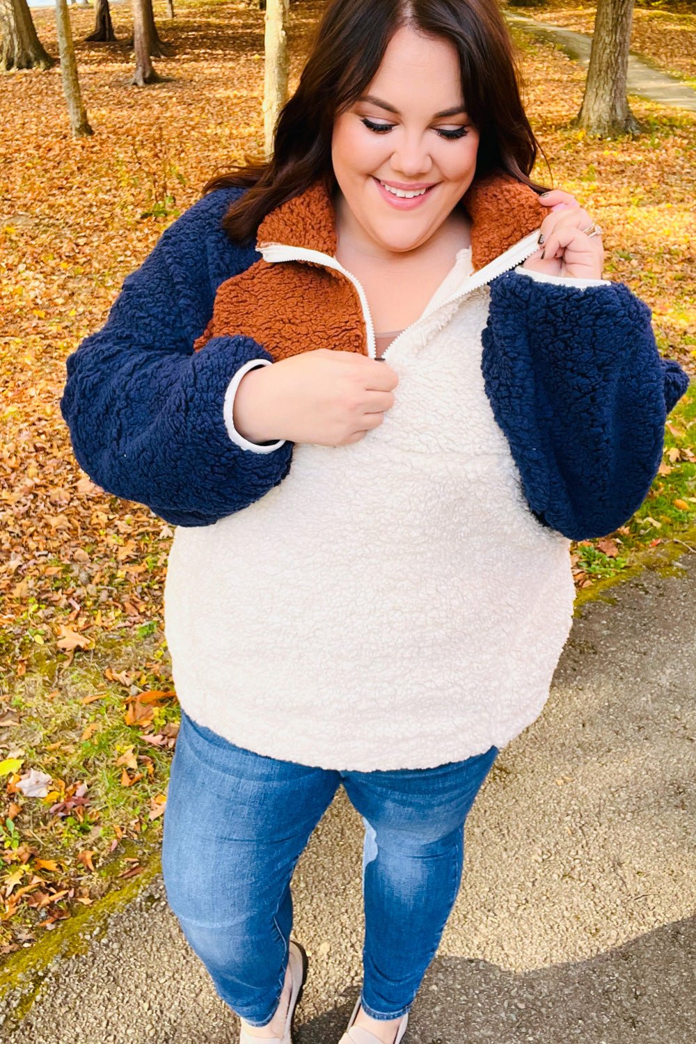 Seize The Day Navy & Taupe Quarter Zip Sherpa Pullover - Bitsy Gypsy Boutique