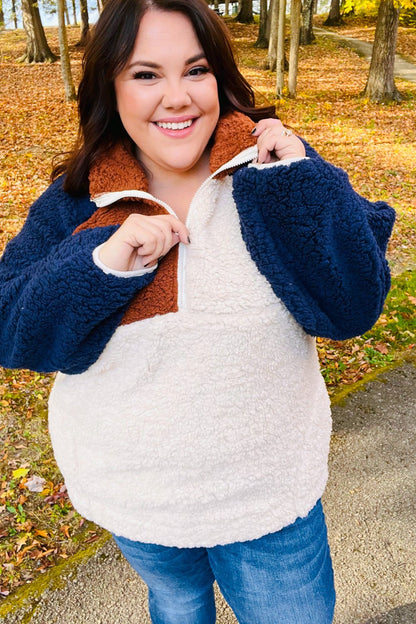 Seize The Day Navy & Taupe Quarter Zip Sherpa Pullover - Bitsy Gypsy Boutique