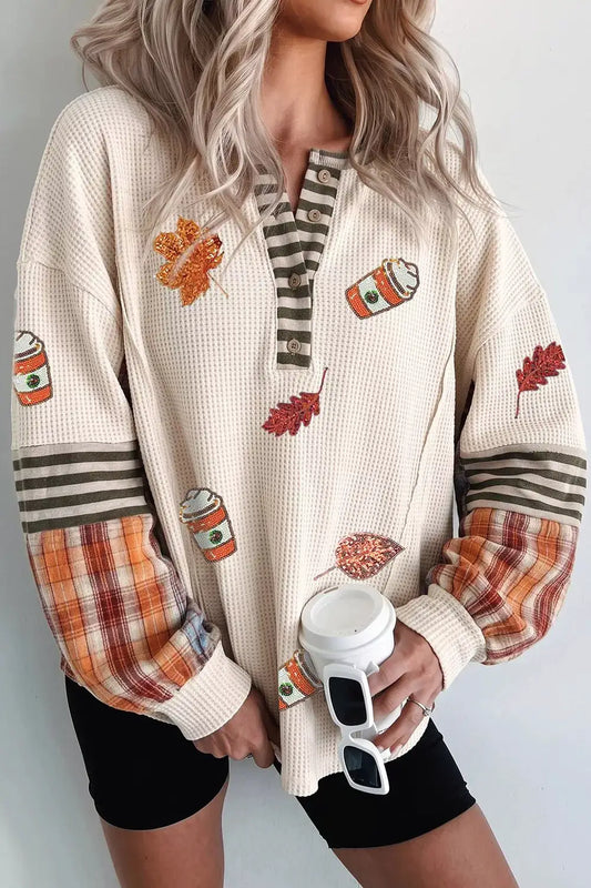 Sequin Autumn Leaf & Coffee Cup Waffle Knit Top by Trendsi