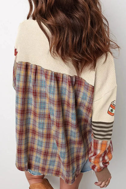 Sequin Autumn Leaf & Coffee Cup Waffle Knit Top by Trendsi