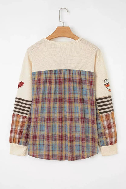 Sequin Autumn Leaf & Coffee Cup Waffle Knit Top by Trendsi