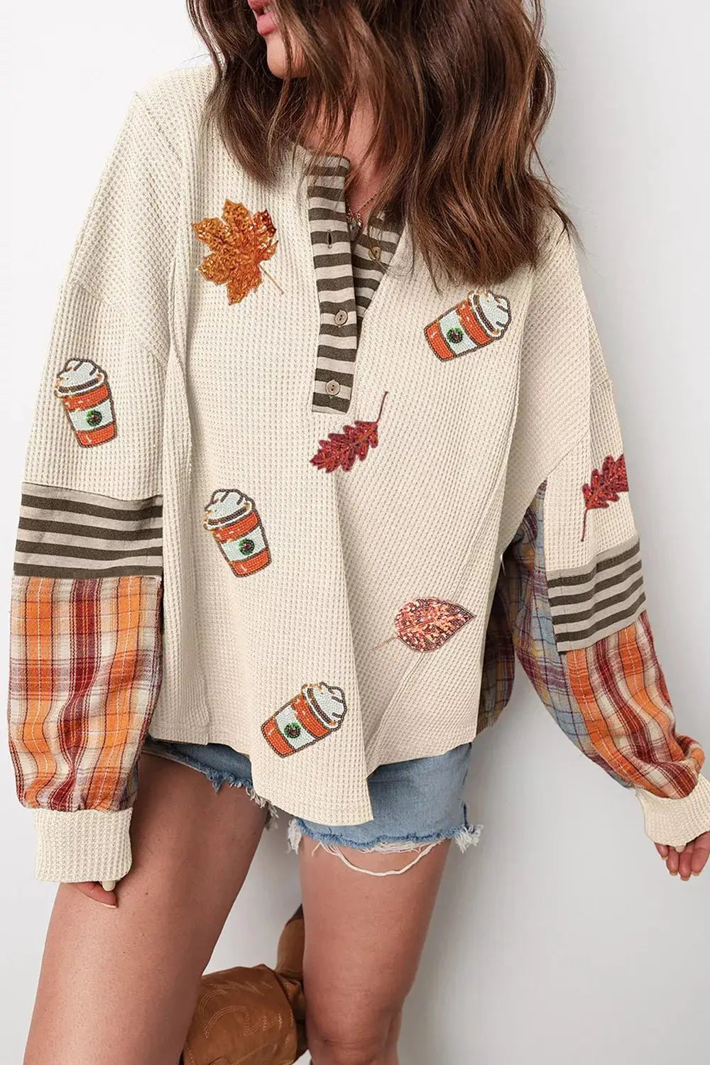 Sequin Autumn Leaf & Coffee Cup Waffle Knit Top by Trendsi