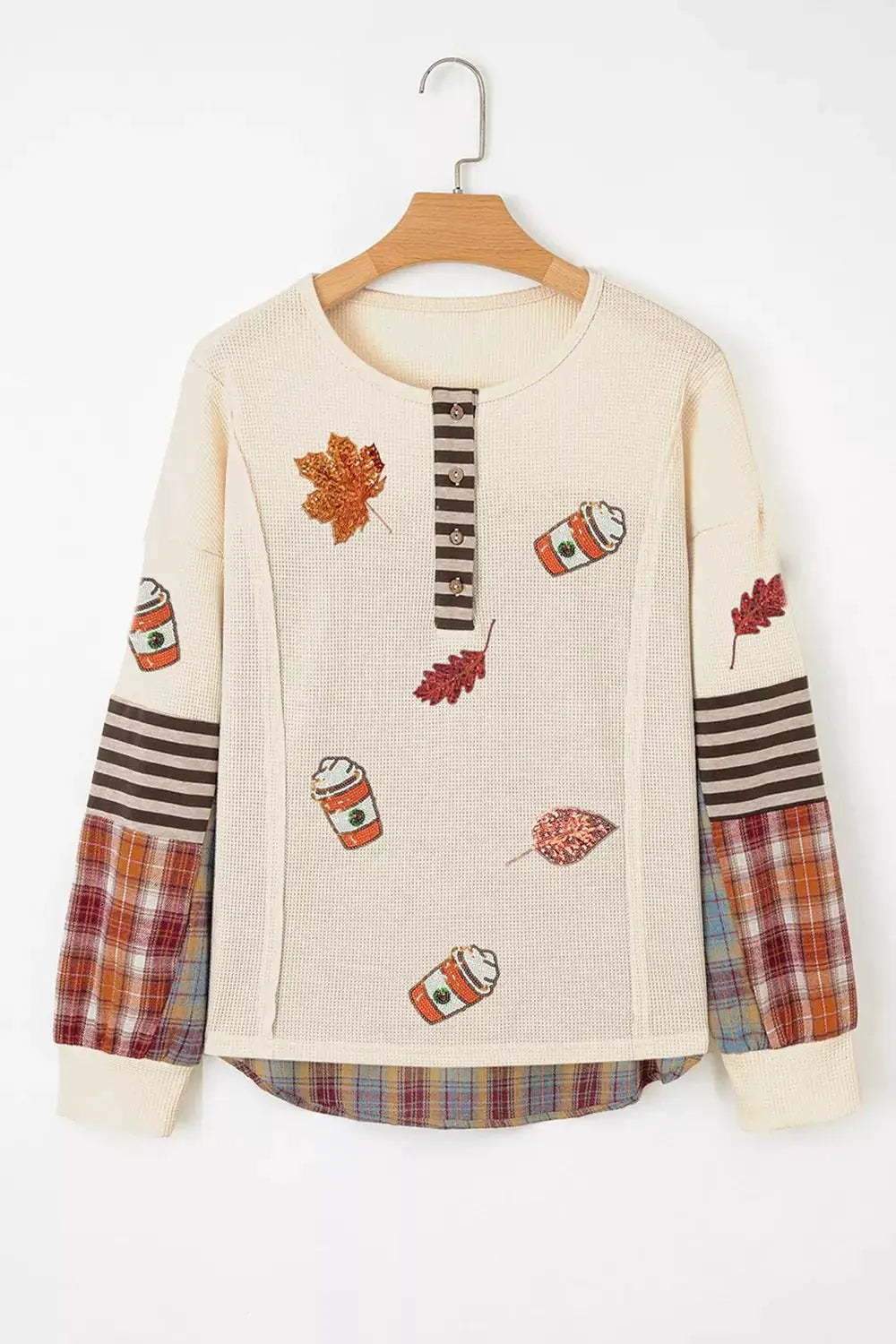 Sequin Autumn Leaf & Coffee Cup Waffle Knit Top by Trendsi