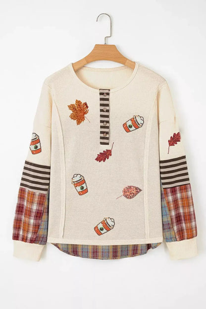 Sequin Autumn Leaf & Coffee Cup Waffle Knit Top by Trendsi
