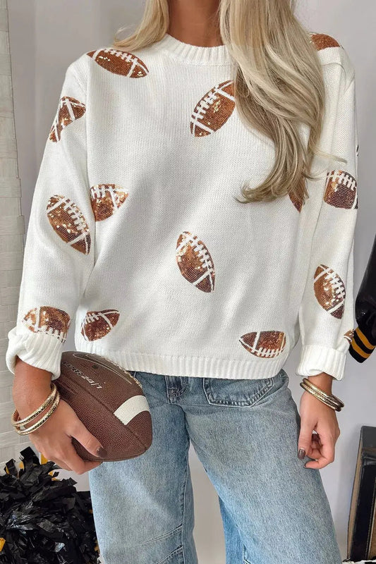 Sequin Football Print Round Neck Long Sleeve Loose Fit Sweater - Bitsy Gypsy Boutique