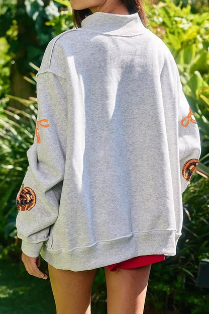 Sequin Pumpkin Face Bow Exposed Seam Halloween Sweatshirt - Bitsy Gypsy Boutique