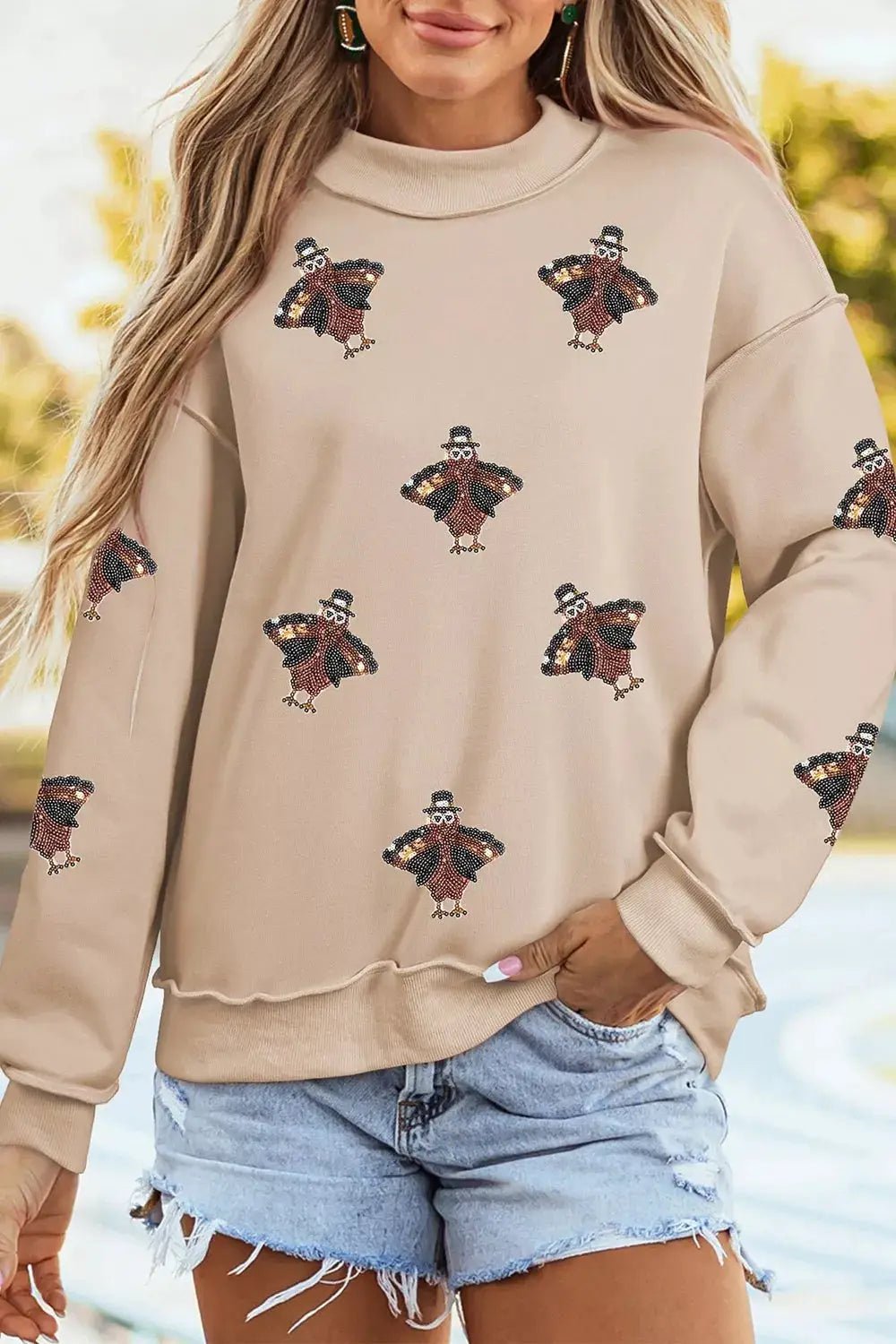 Sequin Turkey Mock Neck Exposed Seam Pullover Sweatshirt - Bitsy Gypsy Boutique