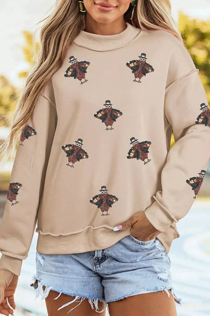 Sequin Turkey Mock Neck Exposed Seam Pullover Sweatshirt - Bitsy Gypsy Boutique
