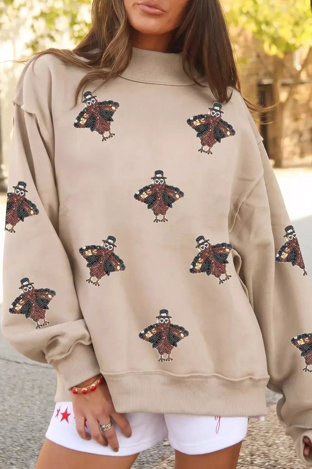 Sequin Turkey Mock Neck Exposed Seam Pullover Sweatshirt - Bitsy Gypsy Boutique