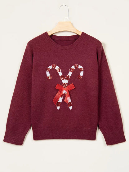 Sequined Candy Cane Festive Casual Christmas Sweater - Bitsy Gypsy Boutique