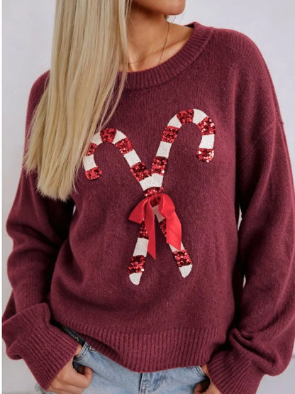 Sequined Candy Cane Festive Casual Christmas Sweater - Bitsy Gypsy Boutique