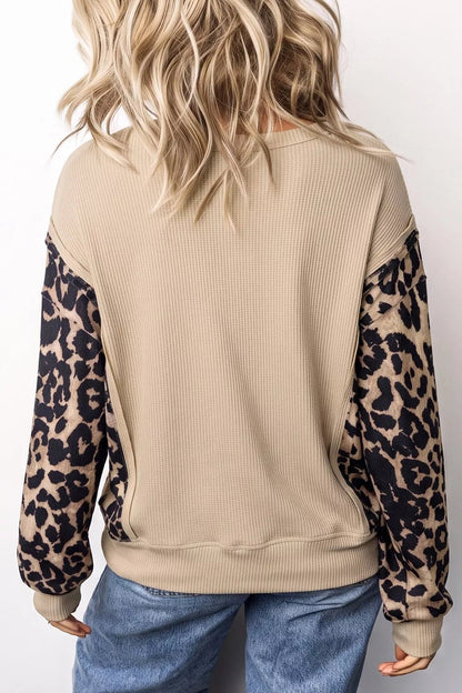 Sequined Western Horse Graphic Leopard Sleeve Patchwork Waffle Knit Top - Bitsy Gypsy Boutique
