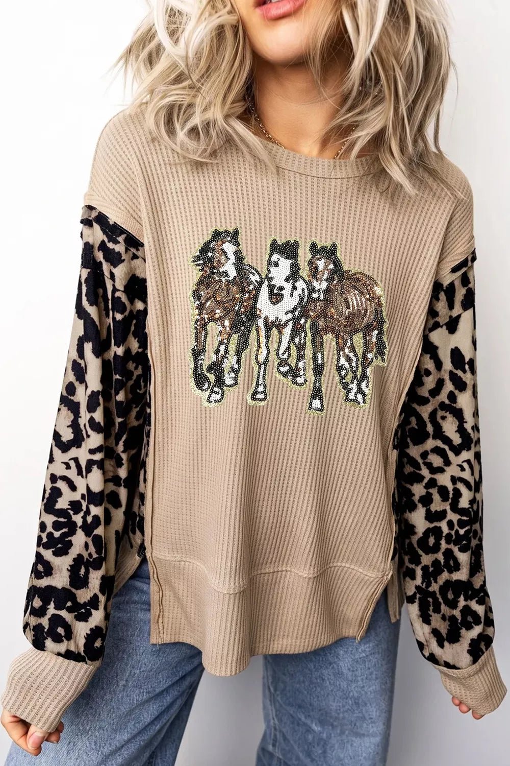 Sequined Western Horse Graphic Leopard Sleeve Patchwork Waffle Knit Top - Bitsy Gypsy Boutique
