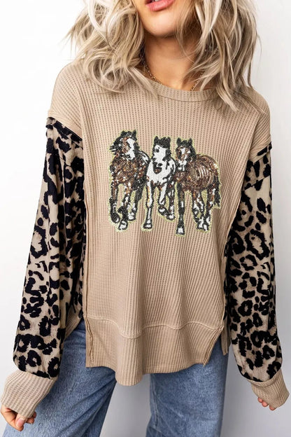 Sequined Western Horse Graphic Leopard Sleeve Patchwork Waffle Knit Top - Bitsy Gypsy Boutique