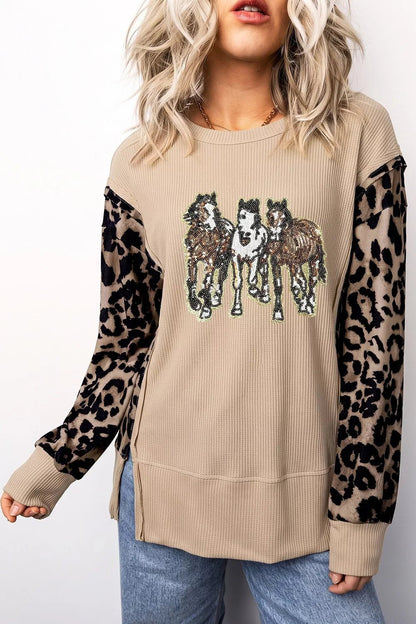 Sequined Western Horse Graphic Leopard Sleeve Patchwork Waffle Knit Top - Bitsy Gypsy Boutique