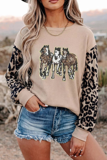 Sequined Western Horse Graphic Leopard Sleeve Patchwork Waffle Knit Top - Bitsy Gypsy Boutique