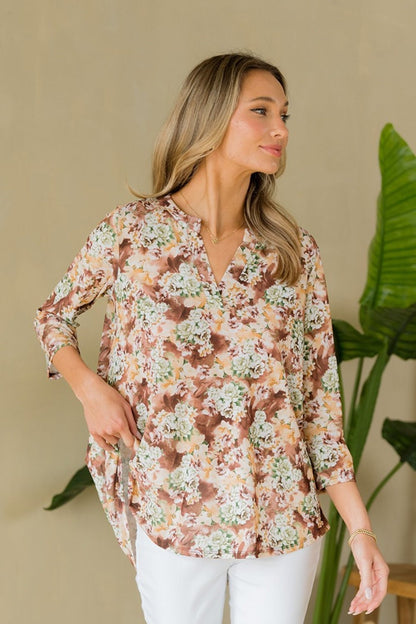 Sew In Love Full Size Wrinkle - Free Floral Notched Top - Bitsy Gypsy Boutique