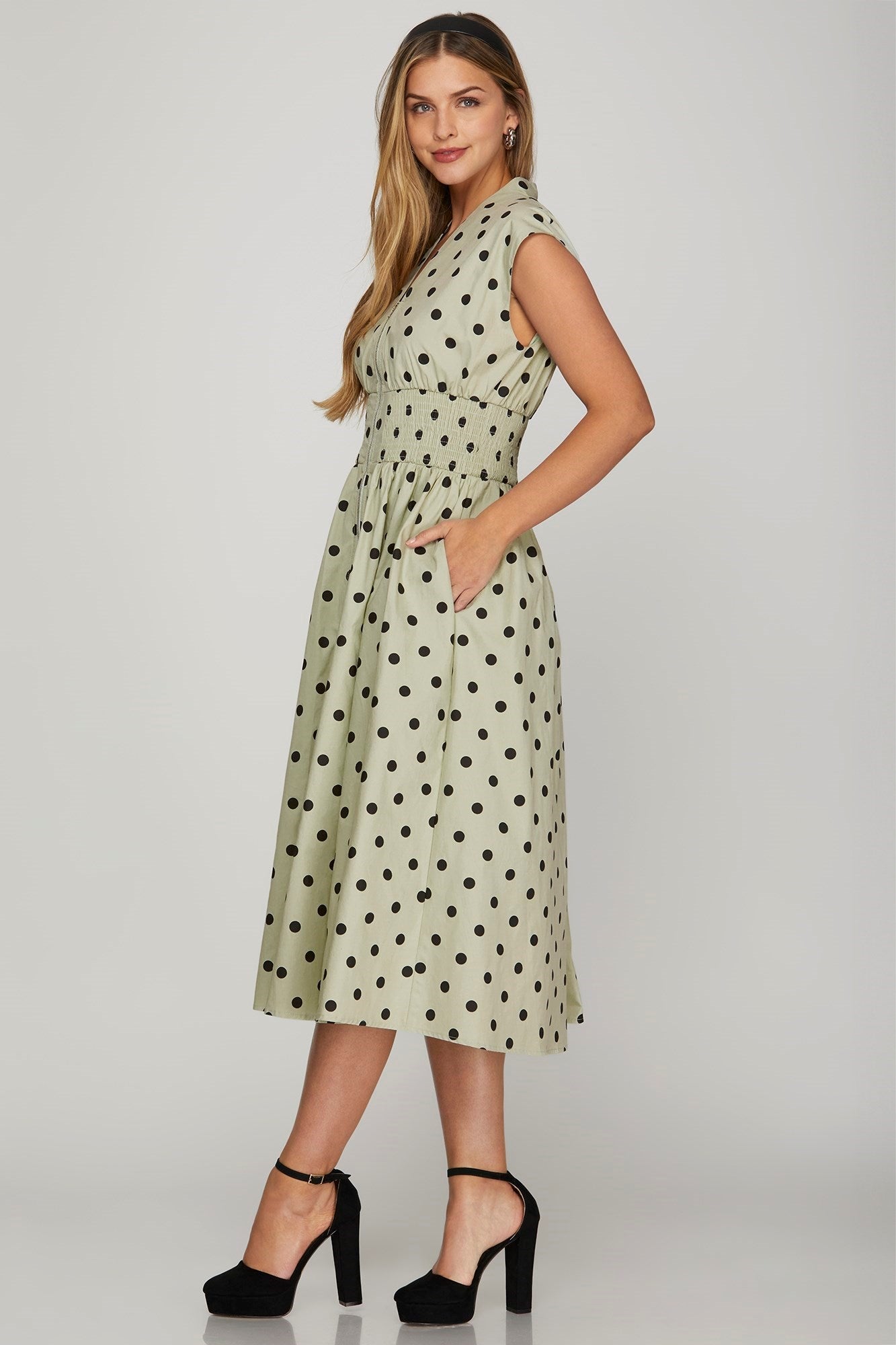 She + Sky Front Zip Polka Dots Cap Sleeve Midi Dress - Bitsy Gypsy Boutique