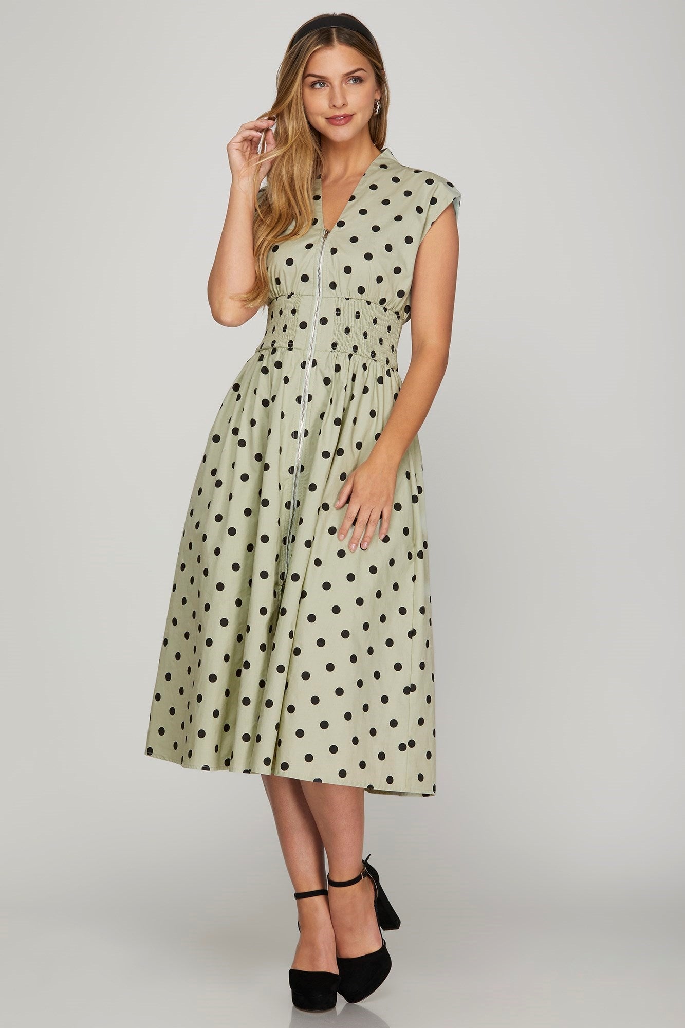 She + Sky Front Zip Polka Dots Cap Sleeve Midi Dress - Bitsy Gypsy Boutique