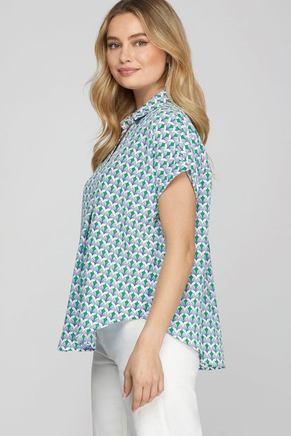 She + Sky Full Size Printed Johnny Collar Short Sleeve Blouse Plus Size - Bitsy Gypsy Boutique