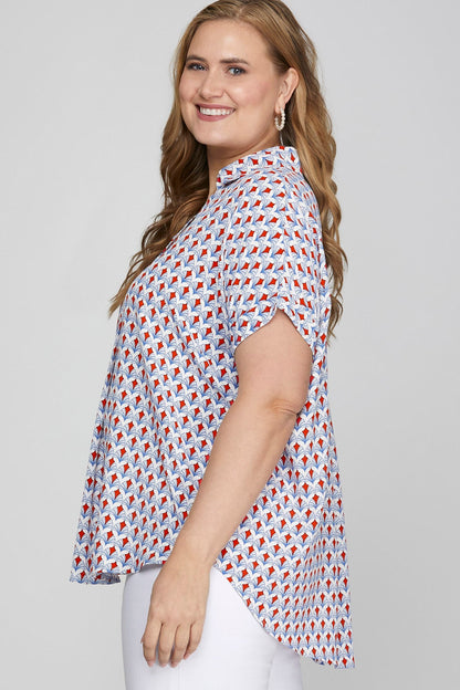 She + Sky Full Size Printed Johnny Collar Short Sleeve Blouse Plus Size - Bitsy Gypsy Boutique