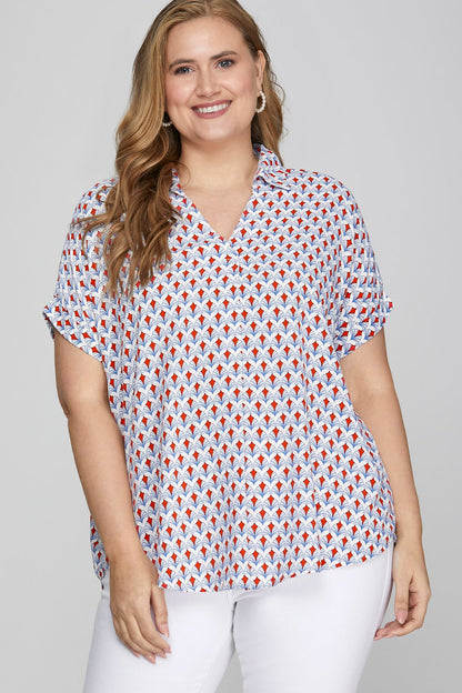 She + Sky Full Size Printed Johnny Collar Short Sleeve Blouse Plus Size - Bitsy Gypsy Boutique