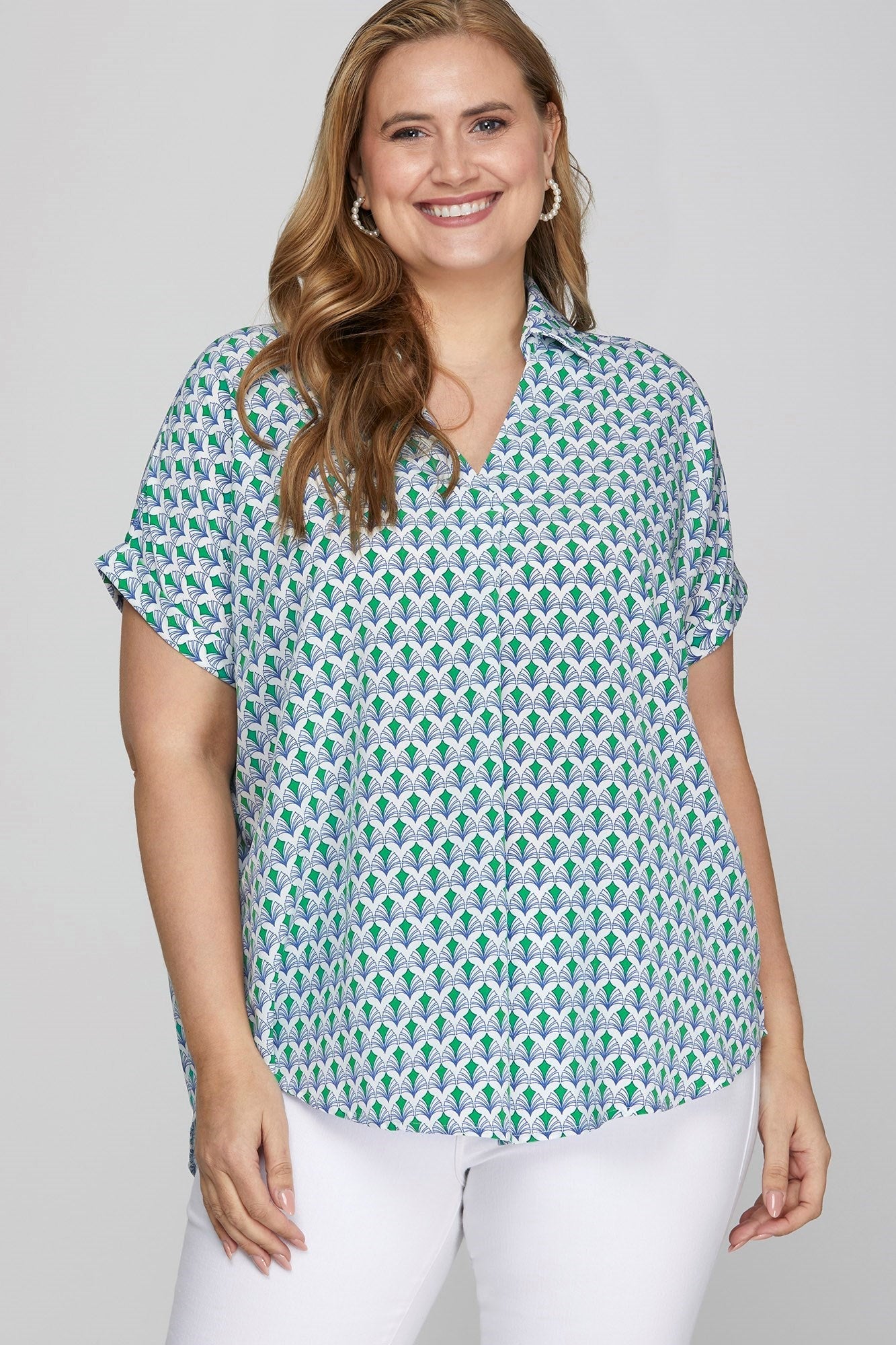 She + Sky Full Size Printed Johnny Collar Short Sleeve Blouse Plus Size - Bitsy Gypsy Boutique