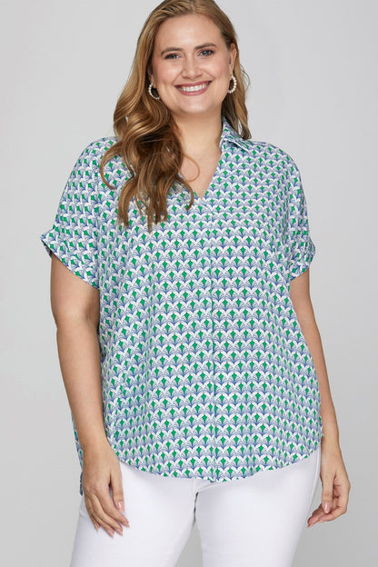 She + Sky Full Size Printed Johnny Collar Short Sleeve Blouse Plus Size - Bitsy Gypsy Boutique