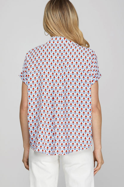 She + Sky Full Size Printed Johnny Collar Short Sleeve Blouse Plus Size - Bitsy Gypsy Boutique