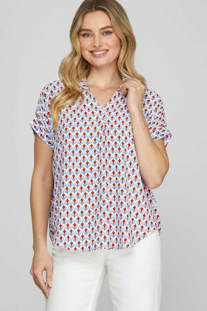 She + Sky Full Size Printed Johnny Collar Short Sleeve Blouse Plus Size - Bitsy Gypsy Boutique