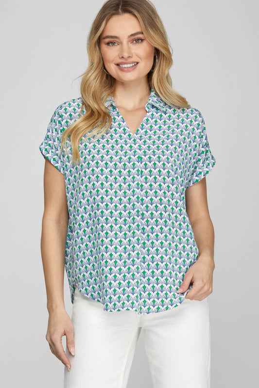 She + Sky Full Size Printed Johnny Collar Short Sleeve Blouse Plus Size - Bitsy Gypsy Boutique