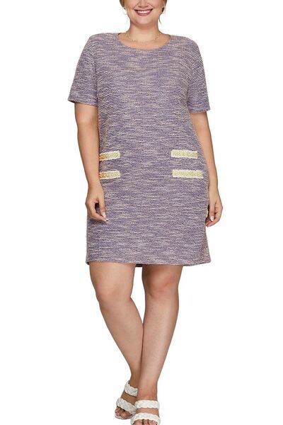 She + Sky Full Size Short Sleeve Pearl Studded Trim Knit Tweed Dress Plus Size - Bitsy Gypsy Boutique