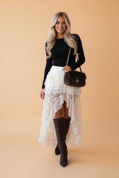 Sheer Lace Ruffle Tiered High - Low Skirt - Bitsy Gypsy Boutique