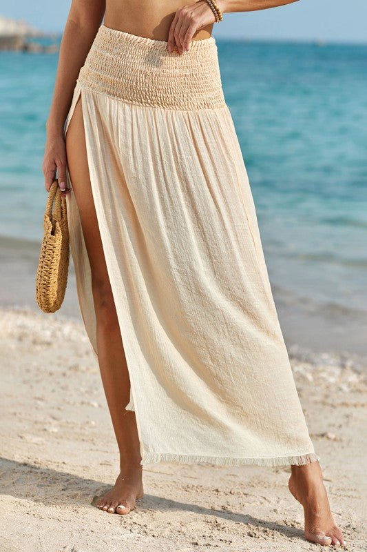 Shirred High Waist Side Slit Beach Maxi Skirt - Bitsy Gypsy Boutique
