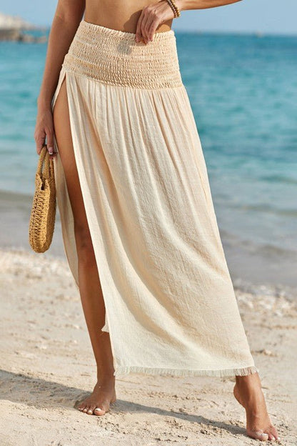 Shirred High Waist Side Slit Beach Maxi Skirt - Bitsy Gypsy Boutique