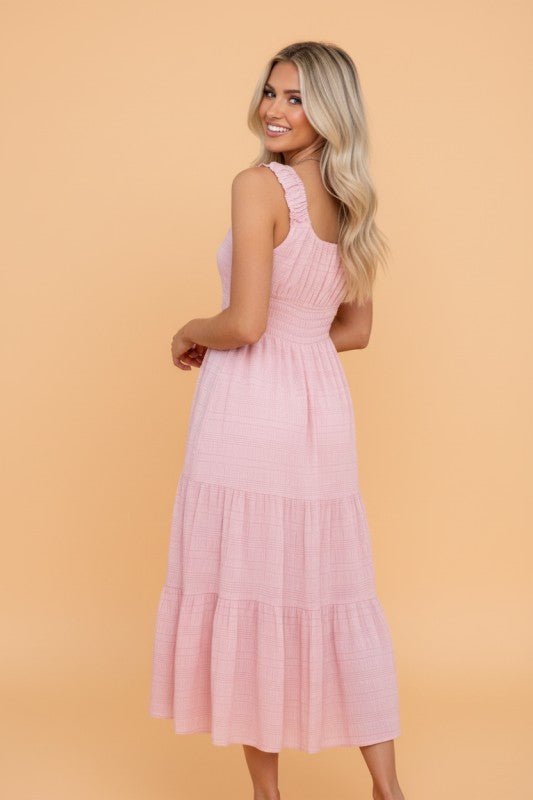 Shirred Pleated Square Neck Sleeveless Midi Dress - Bitsy Gypsy Boutique