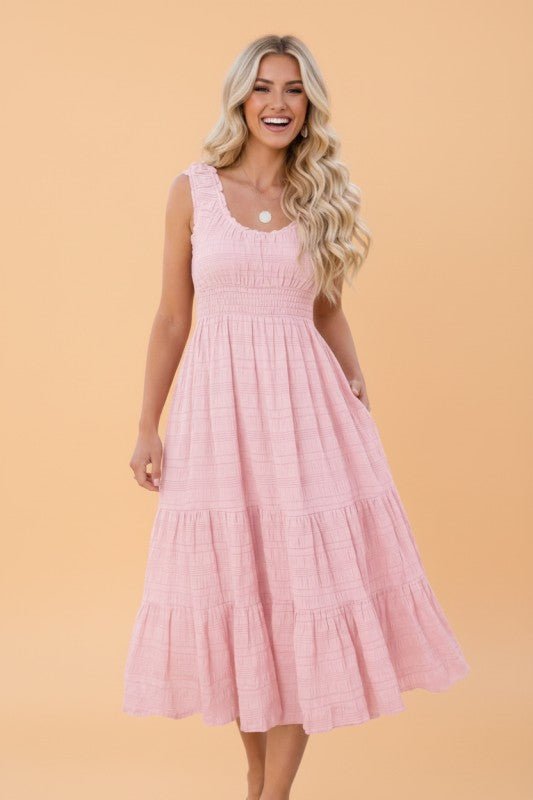 Shirred Pleated Square Neck Sleeveless Midi Dress - Bitsy Gypsy Boutique