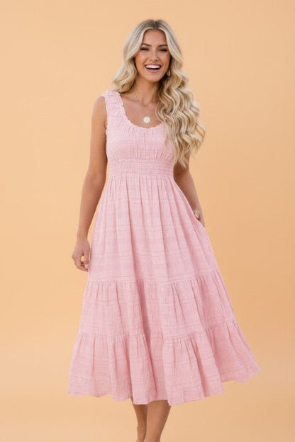 Shirred Pleated Square Neck Sleeveless Midi Dress - Bitsy Gypsy Boutique
