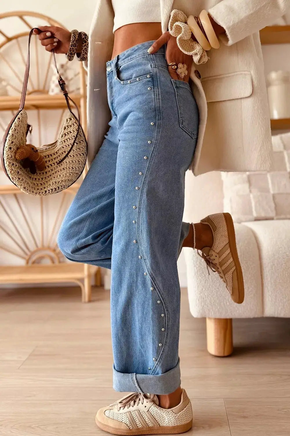 Side Seam Rivet Detail Ankle Length Casual Jeans by Trendsi