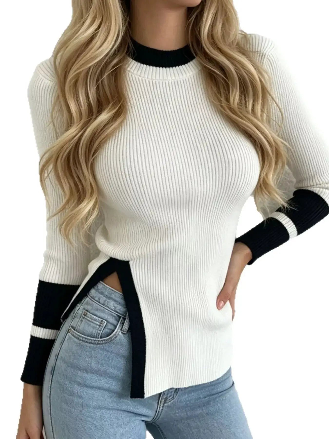 Side Slit Contrast Trim Sweater - Bitsy Gypsy Boutique